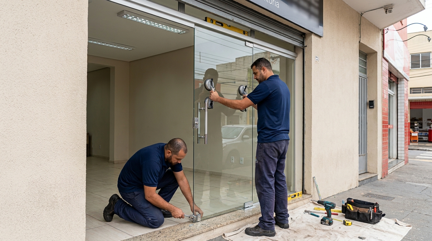 Vidraceiros montando porta de vidro em Maceió-AL